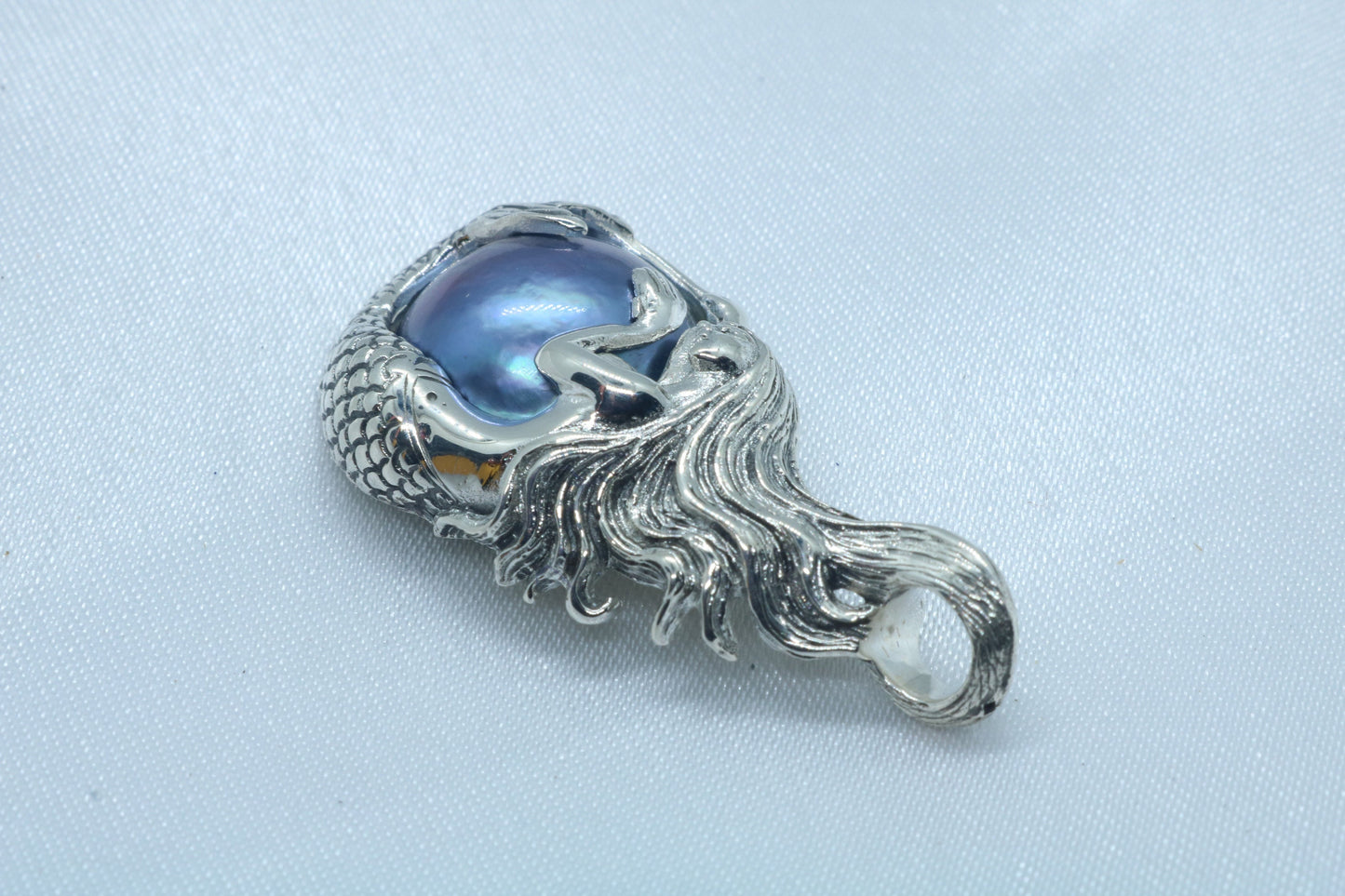 Mermaid Blue Mabe Pearl Silver Pendant Necklace