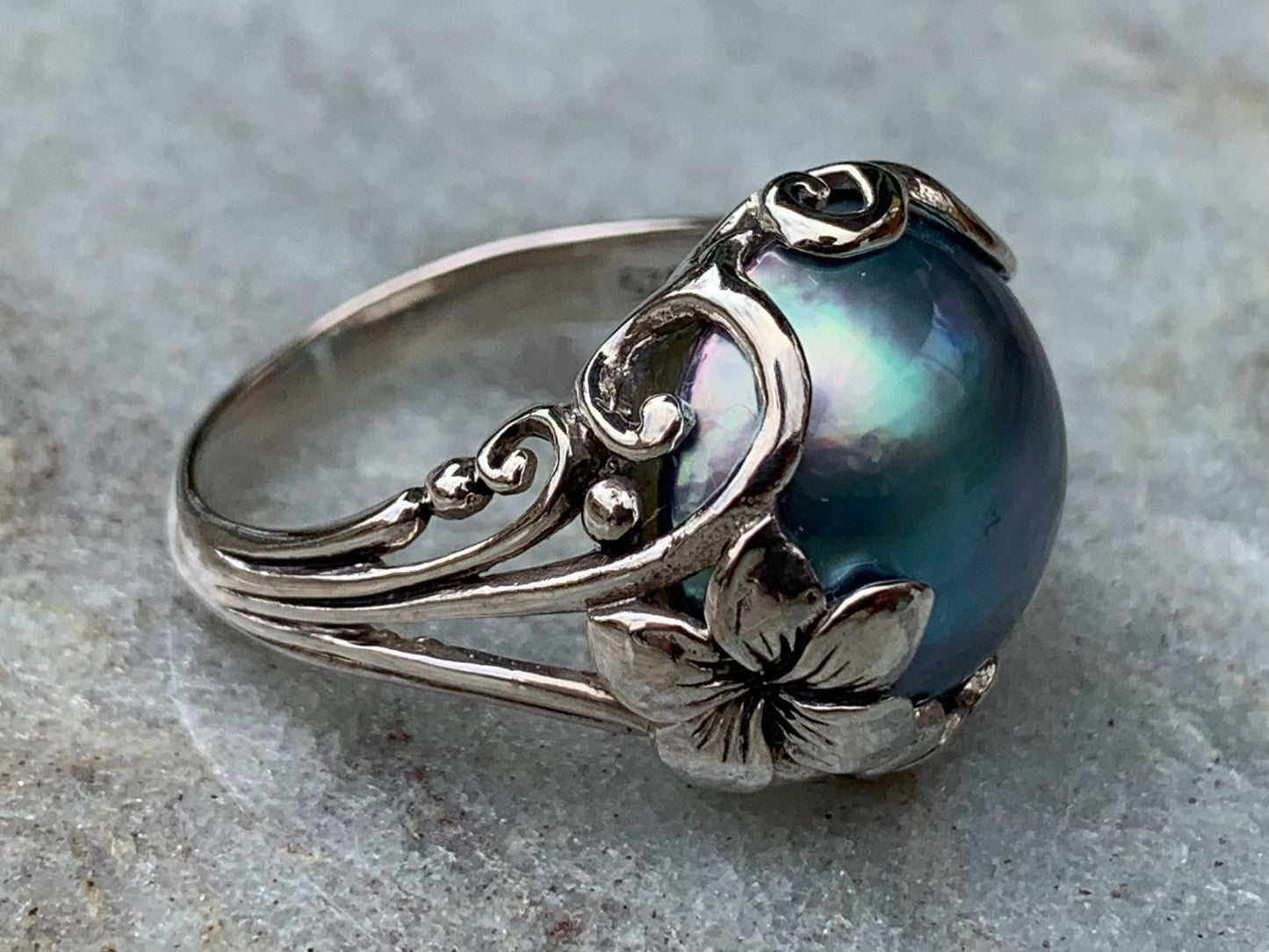 Blue Mabe Pearl Plumeria Flower Silver Ring