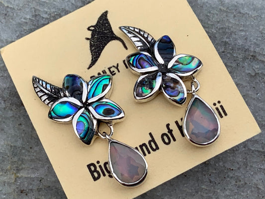 Plumeria Opal Earrings Studs. Abalone shell, Silver.