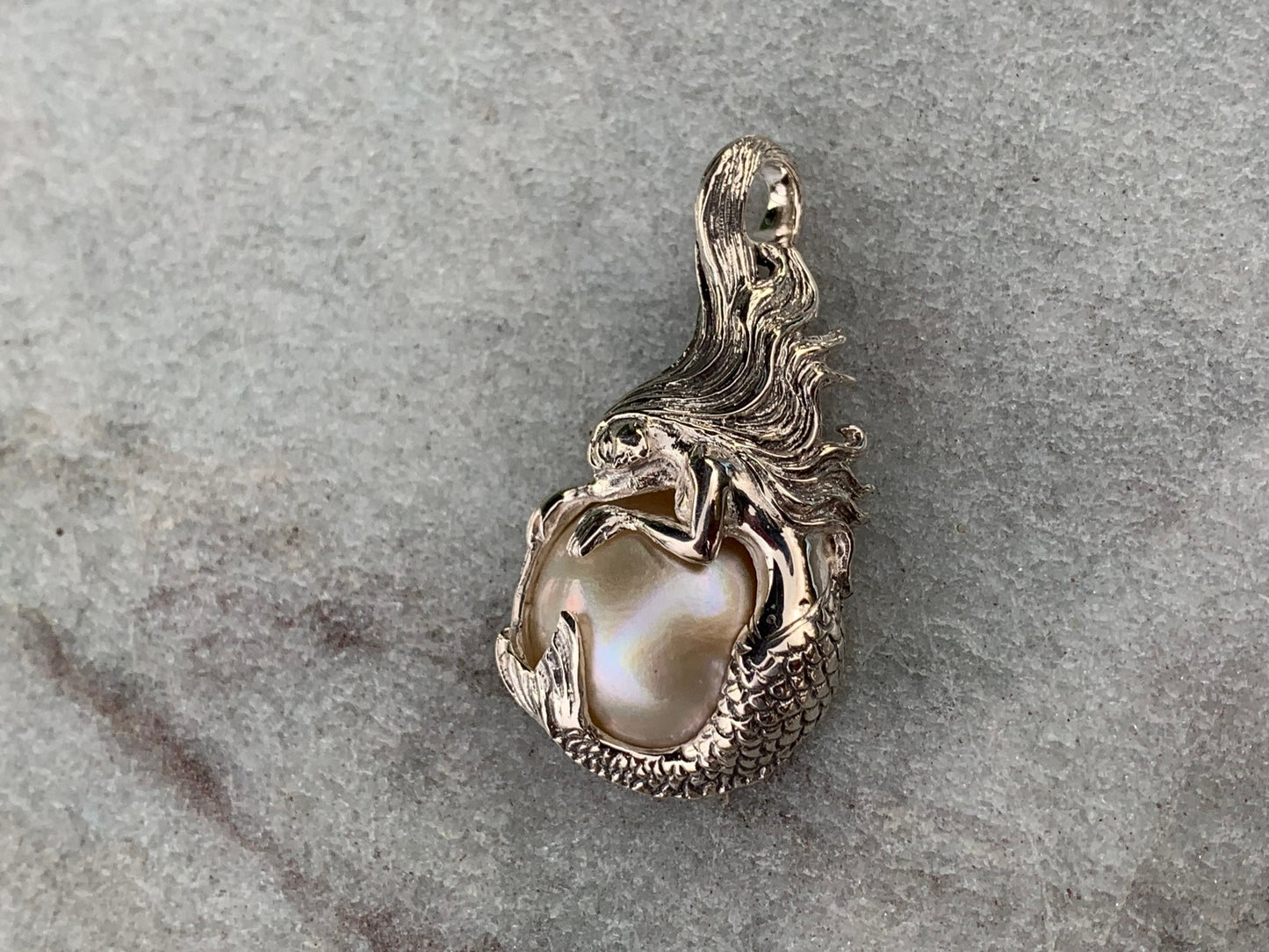 Mermaid White Pearl Mabe Silver Pendant Necklace