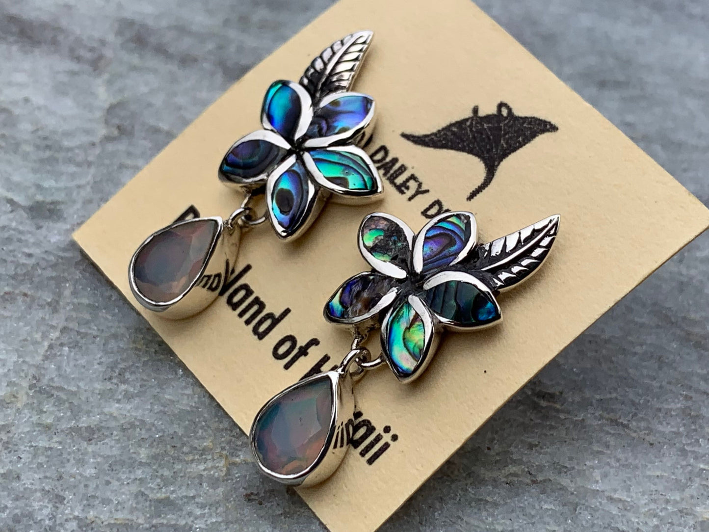 Plumeria Opal Earrings Studs. Abalone shell, Silver.