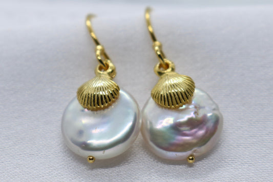 Sea Shell Pearl 18K Gold Vermeil Charm Earrings Jewelry