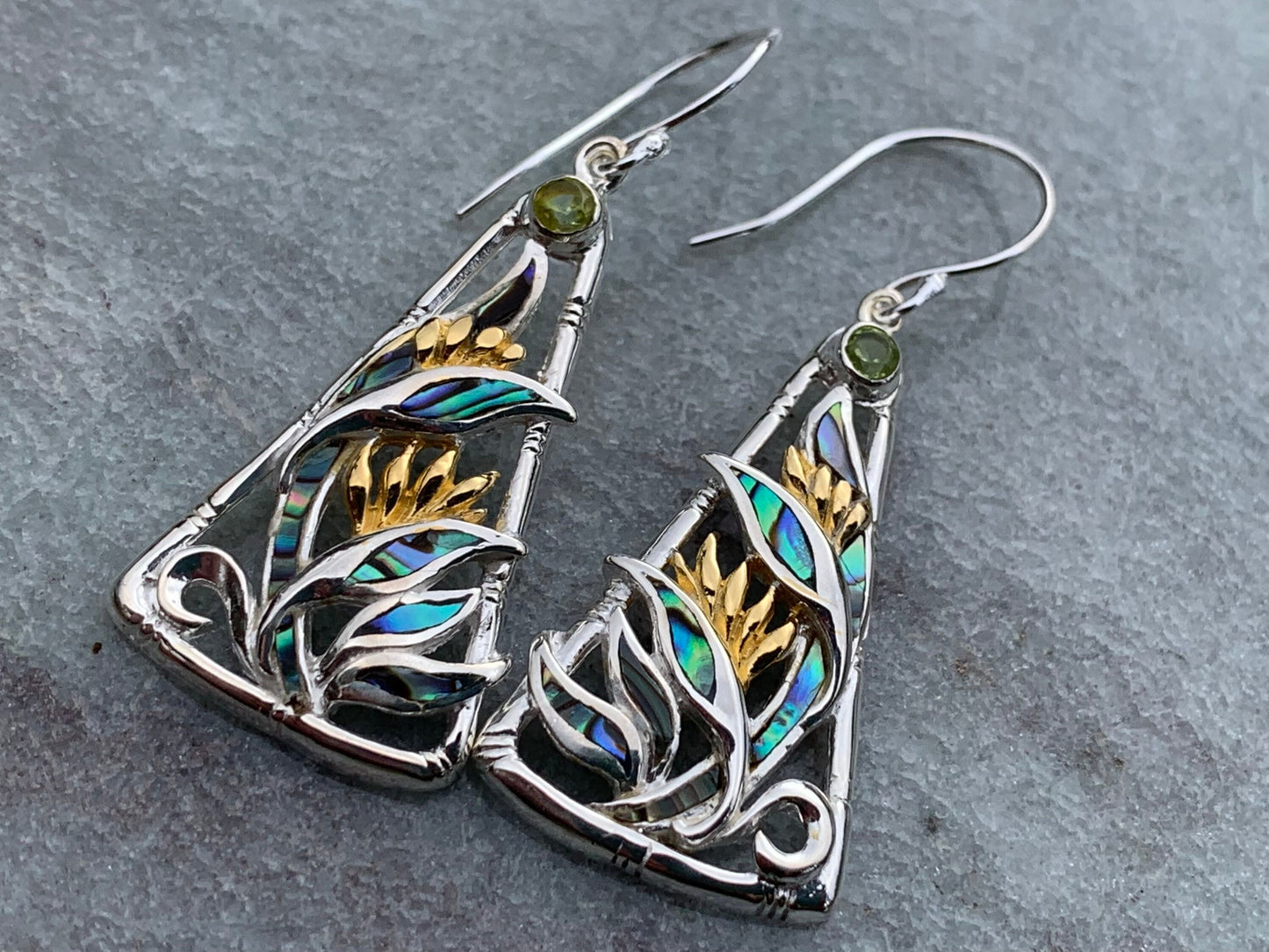 Bird of Paradise Flower Blue Peridot Silver Gold Shell Earrings