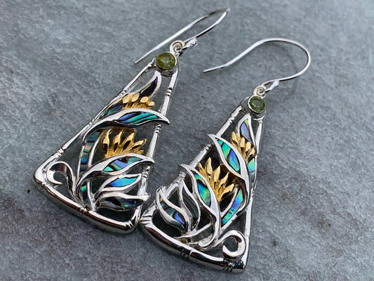 Bird of Paradise Flower Blue Peridot Silver Gold Shell Earrings