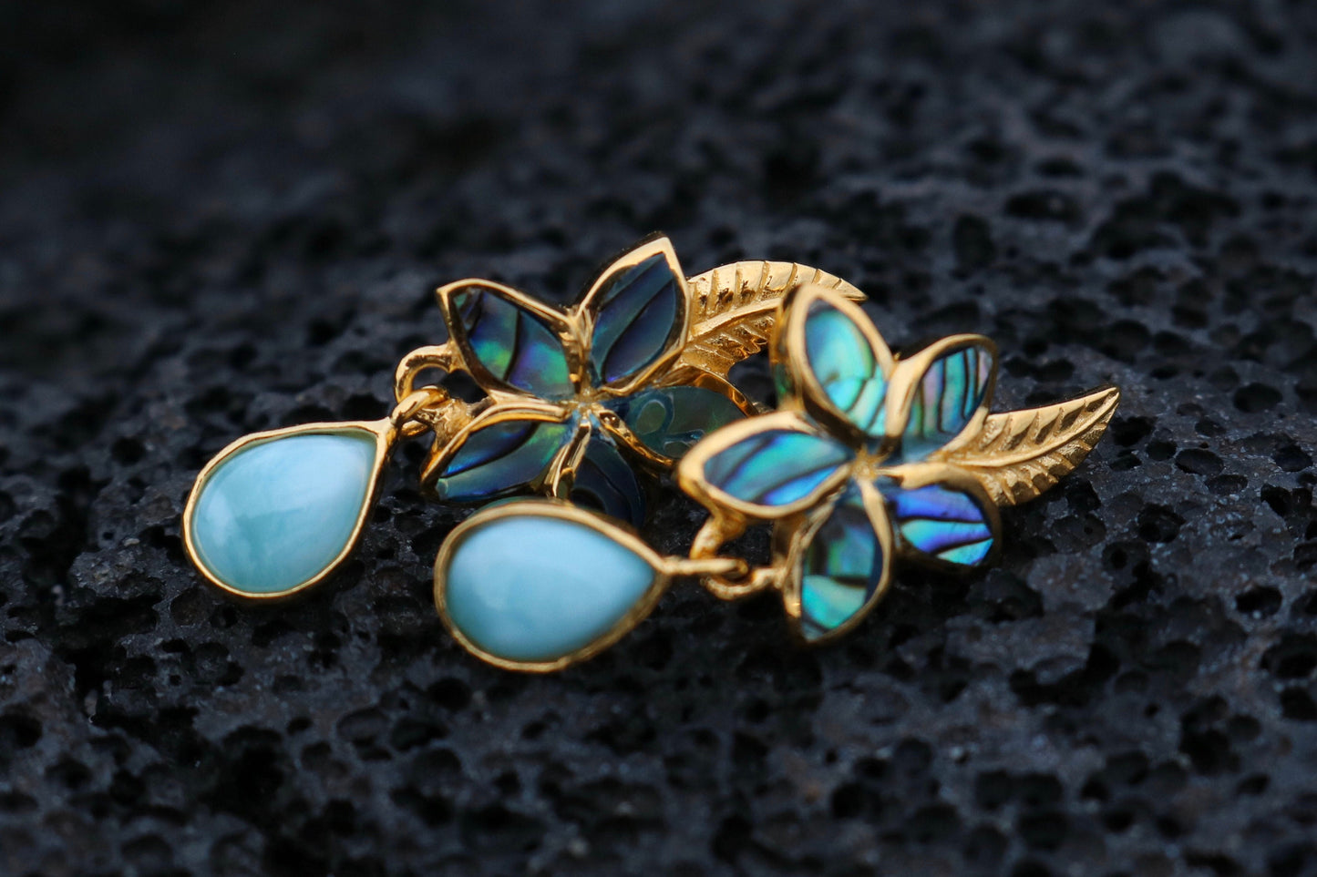 18K Gold Vermeil Plumeria Flower Larimar Stud Earrings. Abalone Shell, Sterling Silver.