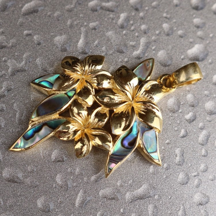Plumeria Flowers Necklace Pendant. 18k Gold Vermeil. Abalone Paua Shell.