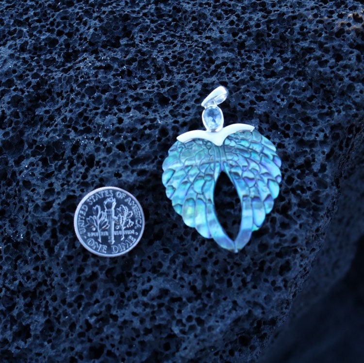 Angel Wings Heart Abalone (Paua) Shell Necklace Pendant with Blue Topaz. Sterling Silver.