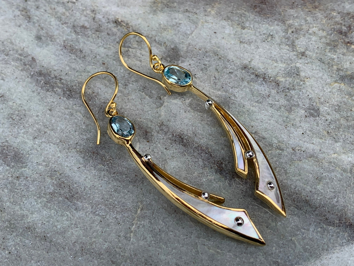 18k Gold Vermeil Wave Earrings. Blue Topaz, Mother of Pearl