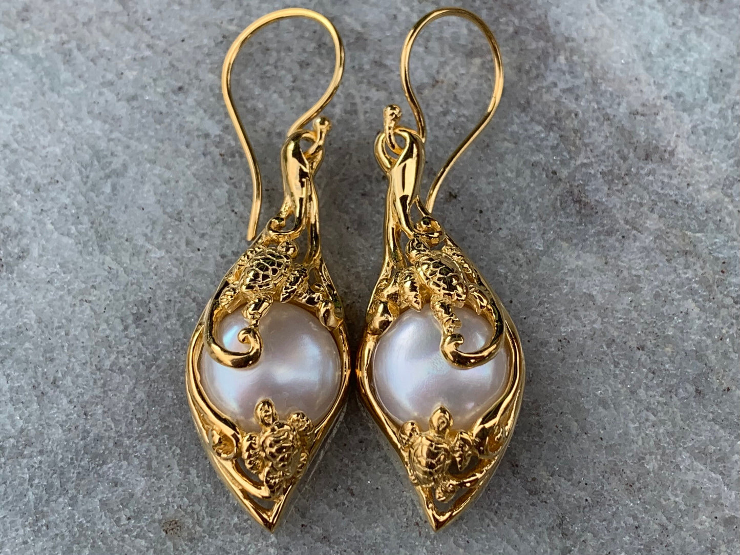 18k gold vermeil white mabe pearl turtle earrings. Hawaiian Honu.