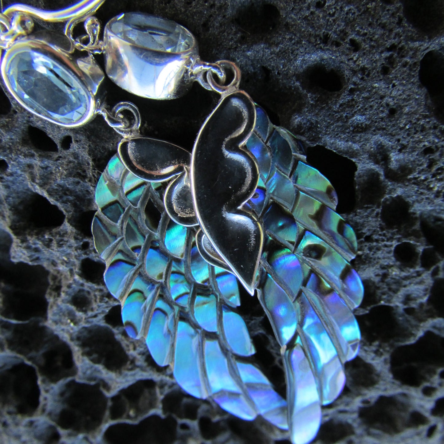 Angel Wings Earrings | Paua Abalone Shell | Sterling Silver | Blue Topaz | Gift | Jewelry | Handmade | Unique