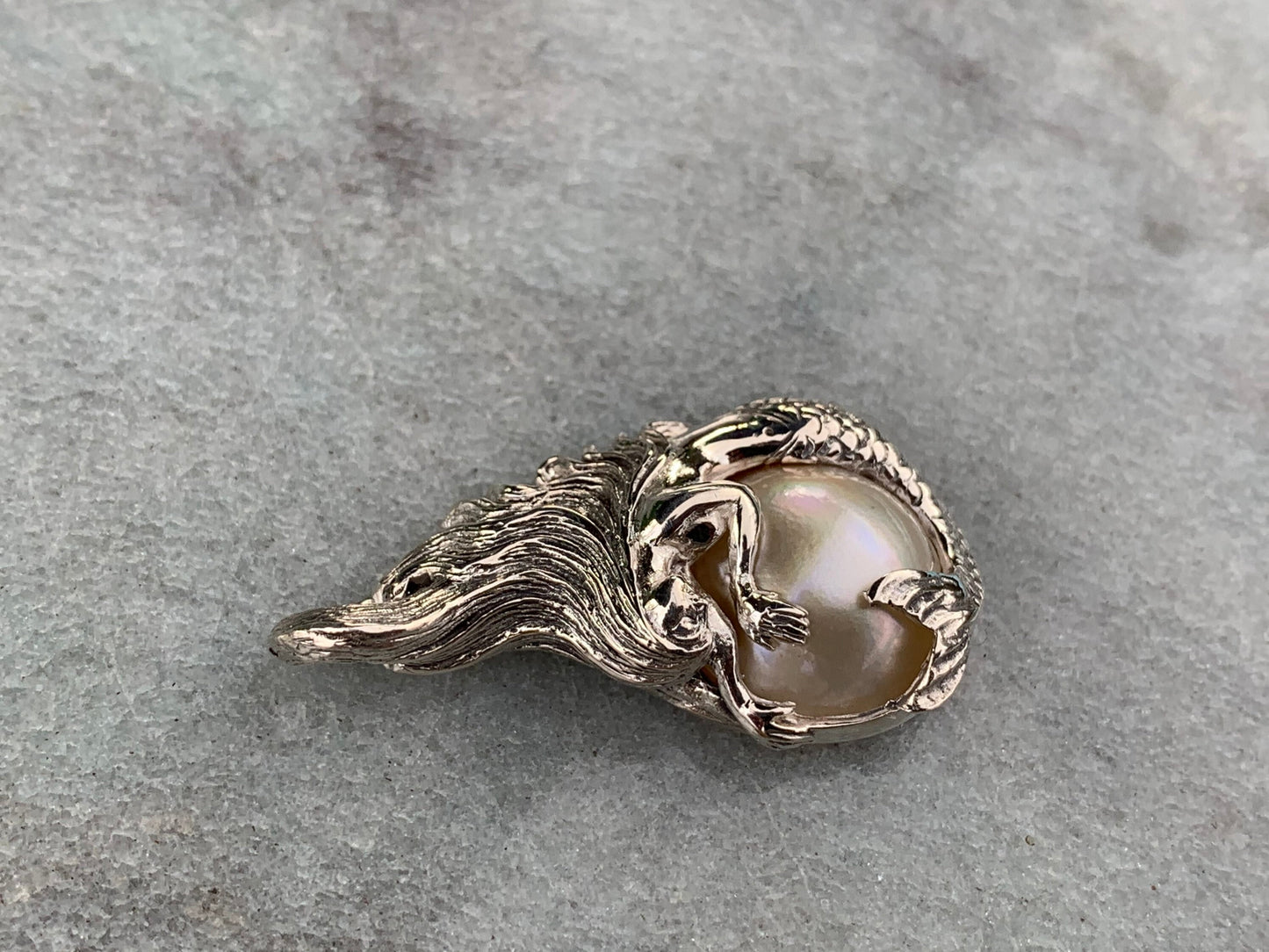 Mermaid White Pearl Mabe Silver Pendant Necklace