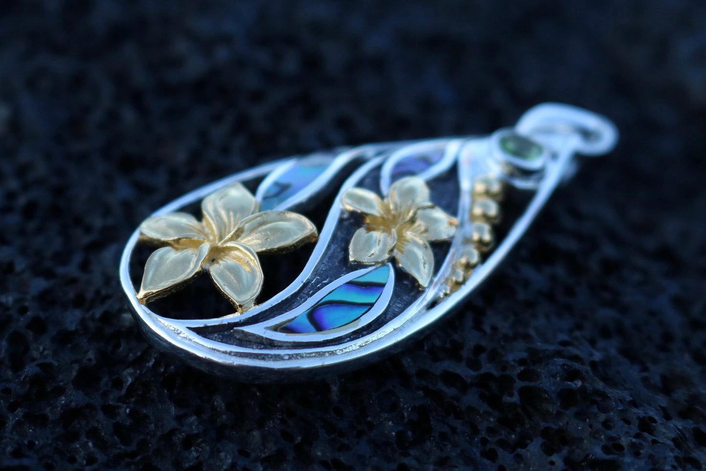 18K Gold Vermeil Teardrop Peridot Plumeria Flower Necklace Pendant. Abalone Shell. Sterling Silver.