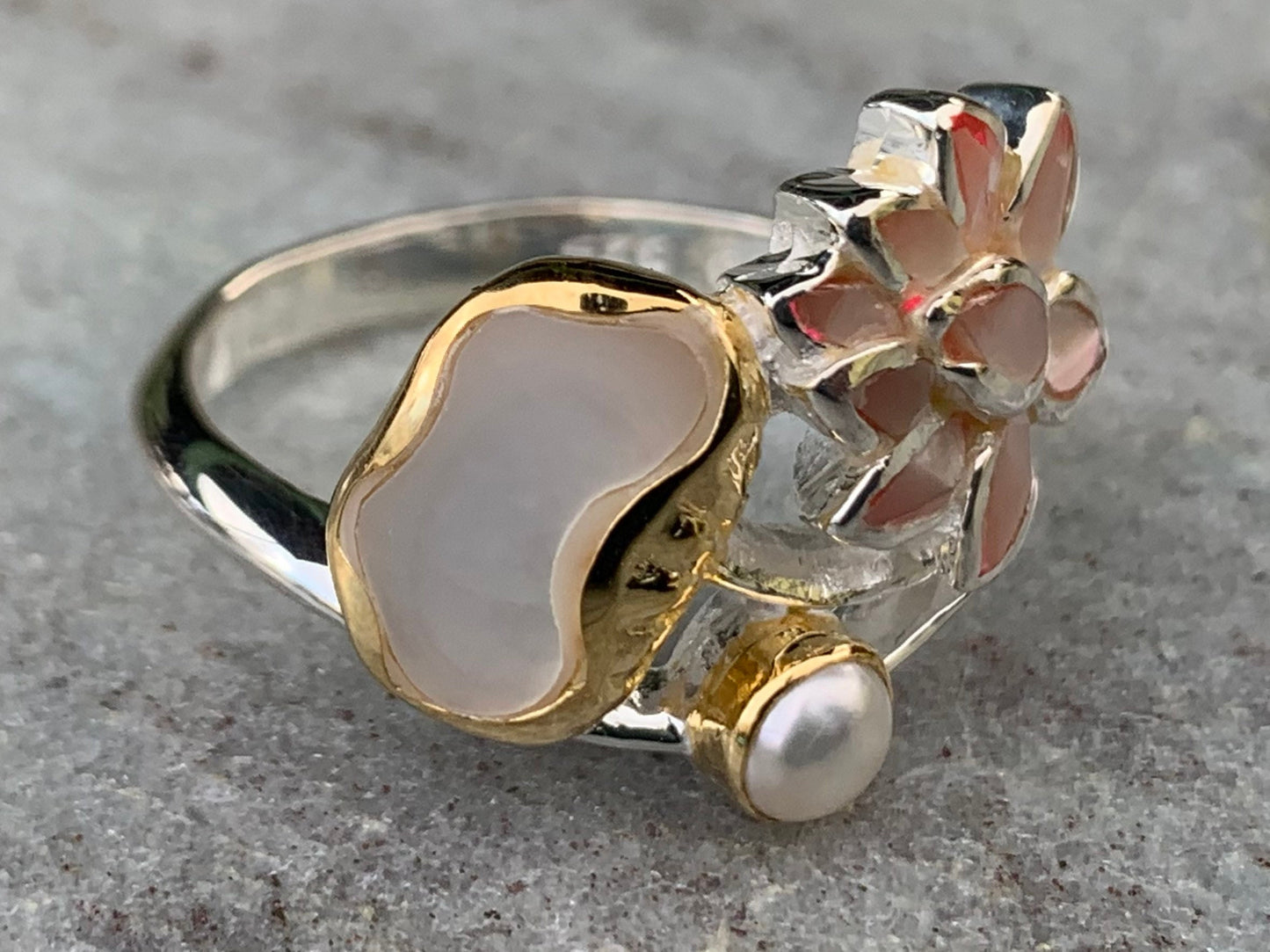 Pink Lotus Flower Ring. Sterling Silver, Pearl, Gold, Mother of Pearl.
