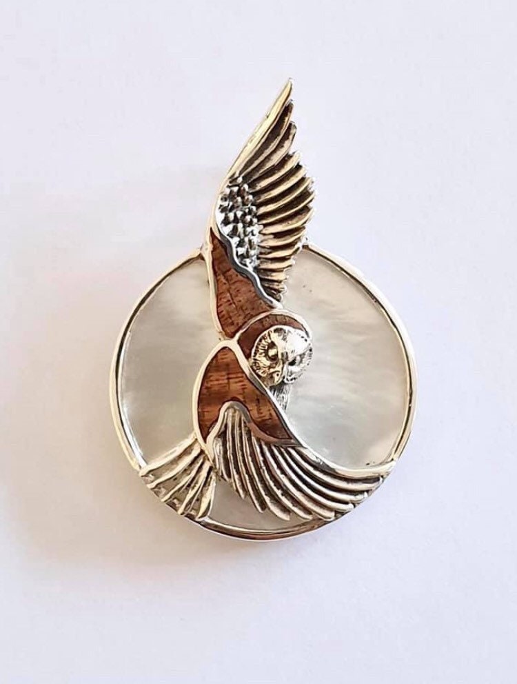 Moon Owl Hawaiian Pueo Aumakua Necklace Pendant. Hawaiian Koa Wood, Mother of Pearl, Sterling Silver.
