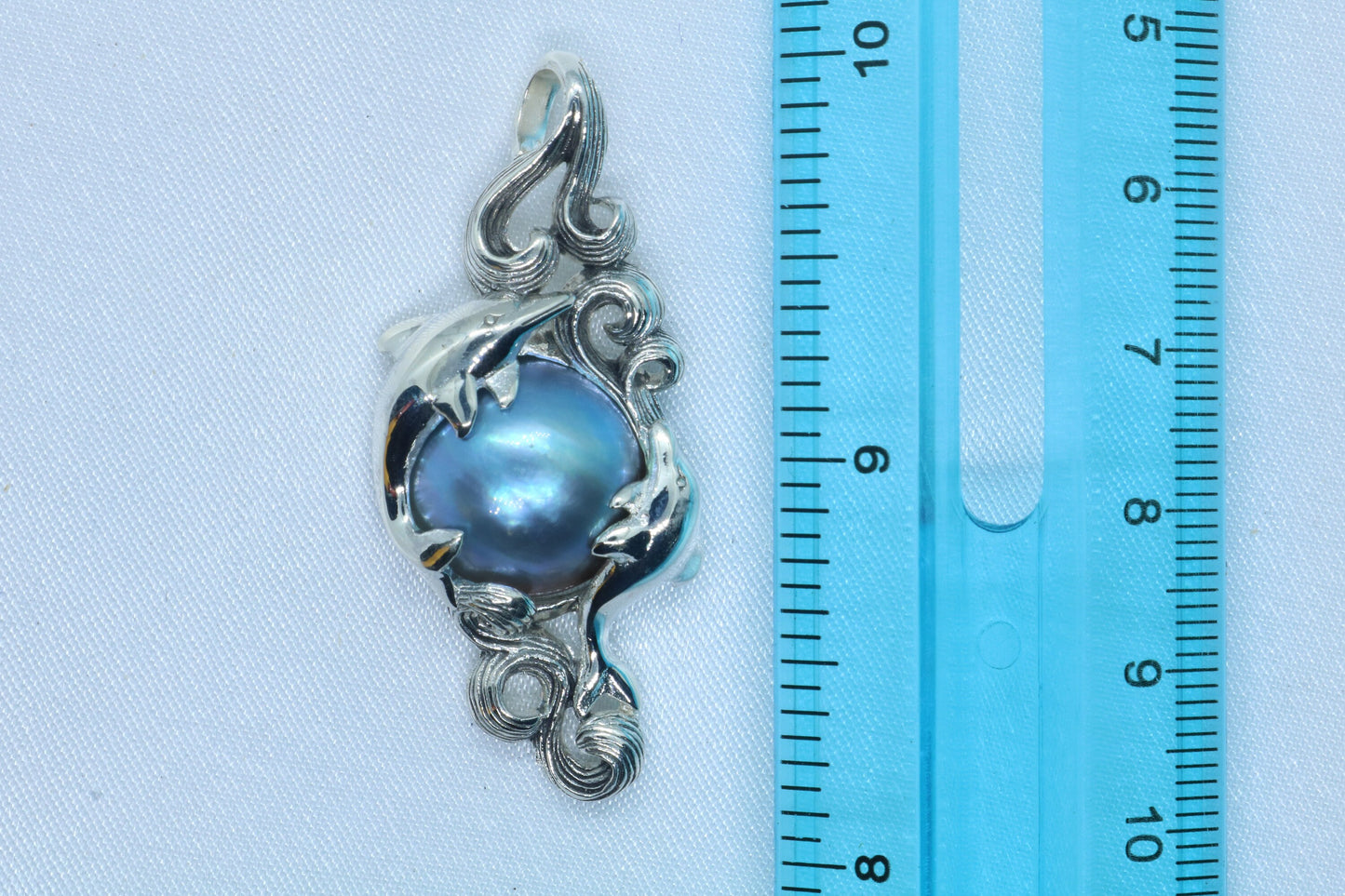 Dolphins Blue Mabe Pearl Silver Pendant Necklace