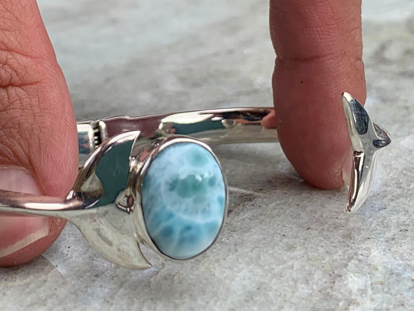 Whale tail bracelet. Larimar, Sterling Silver.