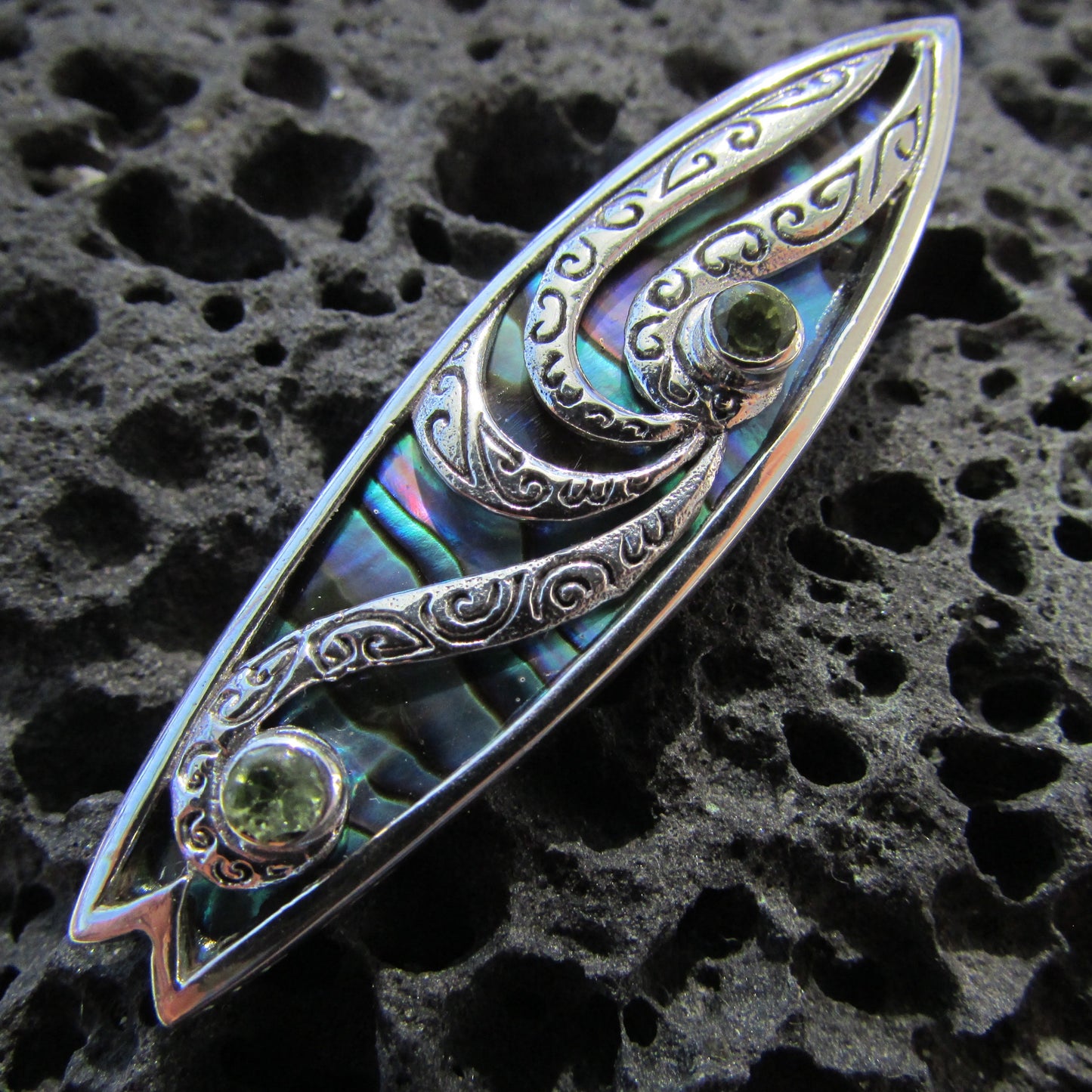 Surfboard Polynesian Tattoo Design. Peridot, Paua Abalone Shell, Sterling Silver.