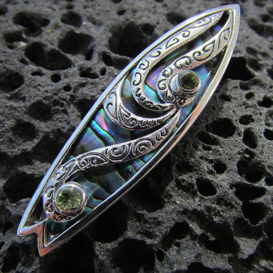 Surfboard Polynesian Tattoo Design. Peridot, Paua Abalone Shell, Sterling Silver.