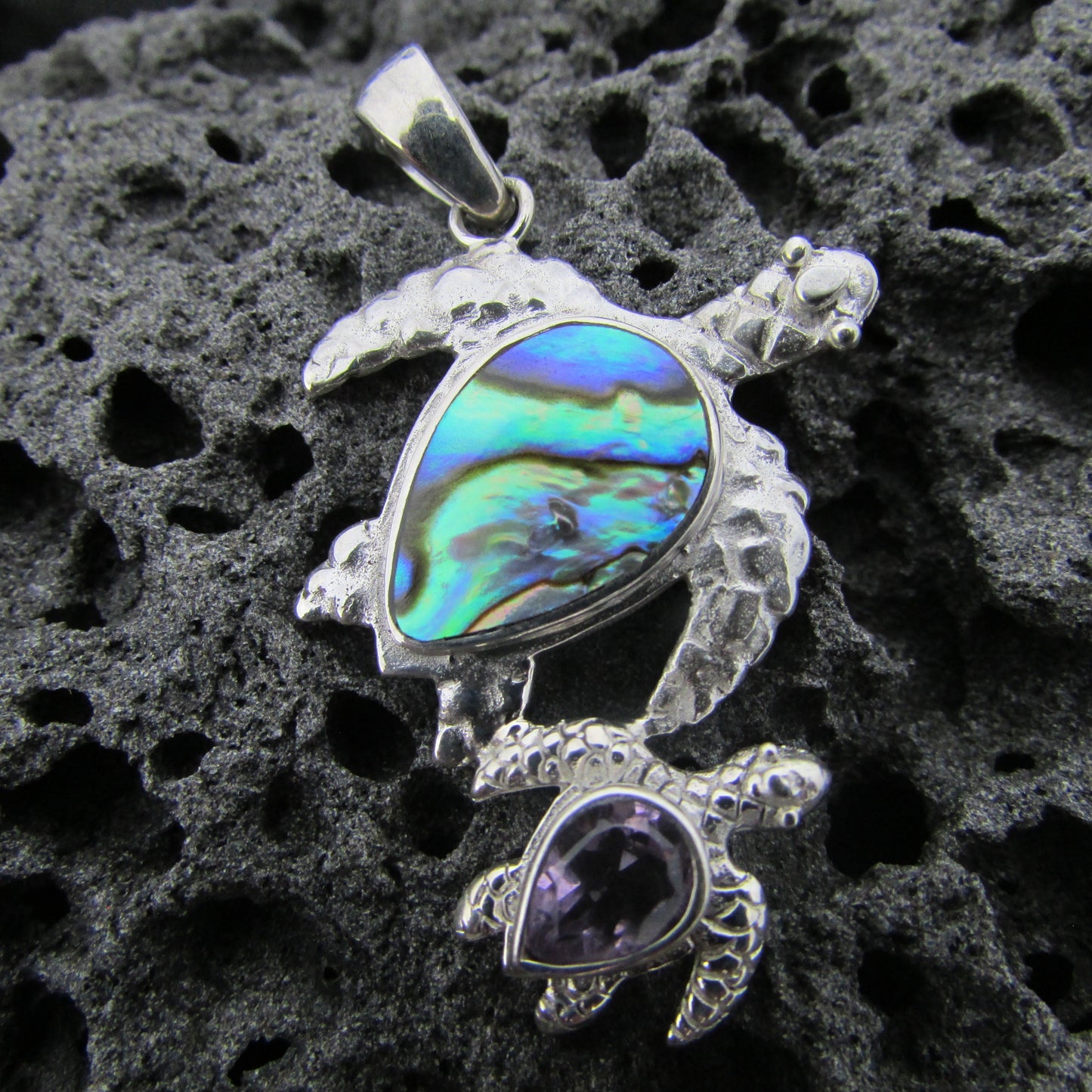 Sea Turtle Necklace Pendant | Paua Abalone Shell | Amethyst | Sterling Silver | Ocean | Beach | Gift | Jewelry | Handmade | Unique