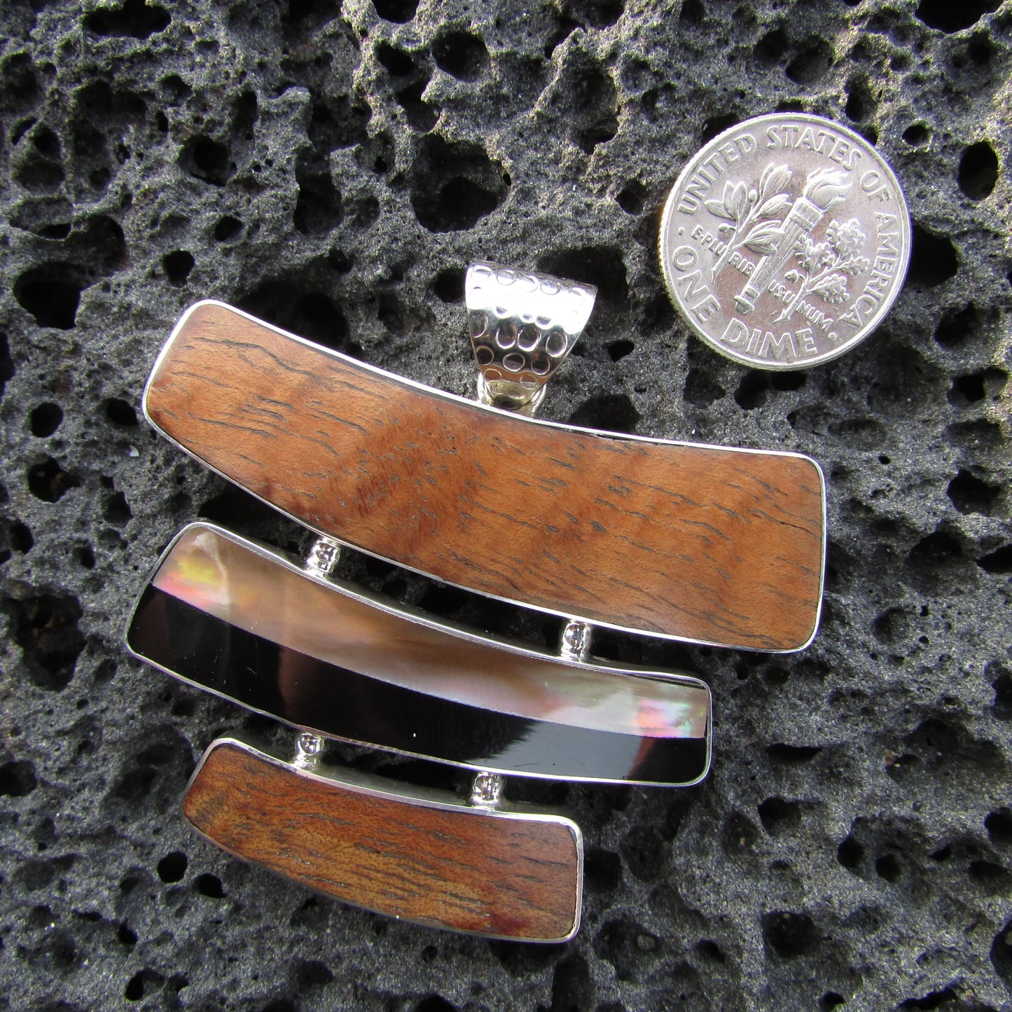 Hawaiian Koa Wood Necklace | Black Ouster Shell | Sterling Silver | Gift | Jewelry | Handmade | Unique