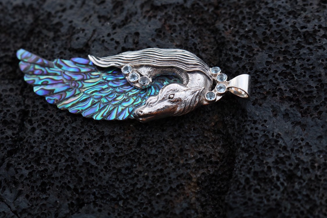 Pegasus Horse Wings Cowgirl Jewelry Necklace Pendant. Sterling Silver, Blue Topaz, Abalone Shell.