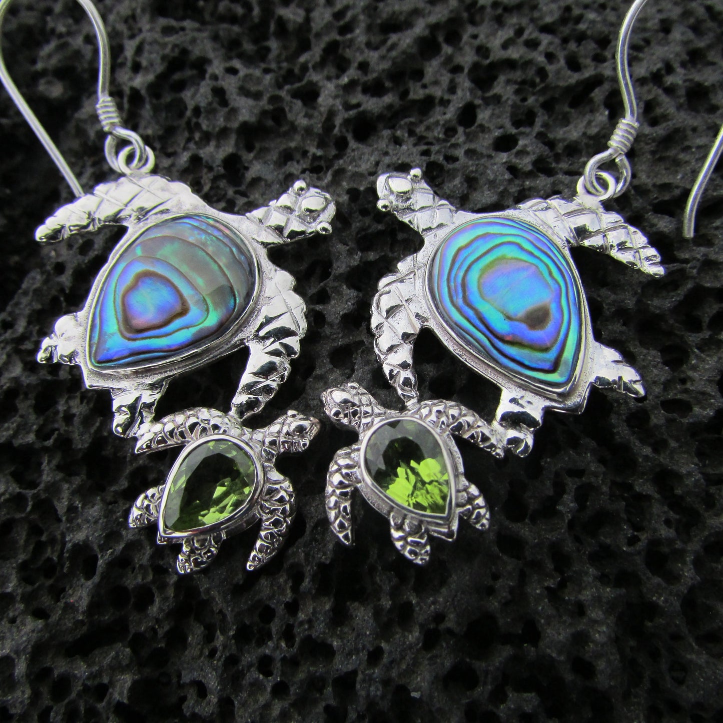 Sea Turtle Earrings | Paua Abalone Shell | Peridot | Sterling Silver | Ocean | Beach | Gift | Jewelry | Handmade | Unique