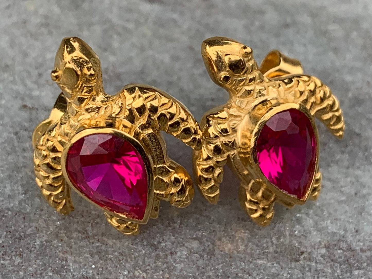 18k gold vermeil ruby turtle earrings studs.