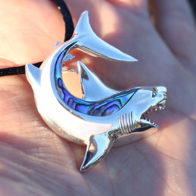 Shark Necklace Pendant. Sterling Silver, Mother of Pearl, Abalone Paua Shell.
