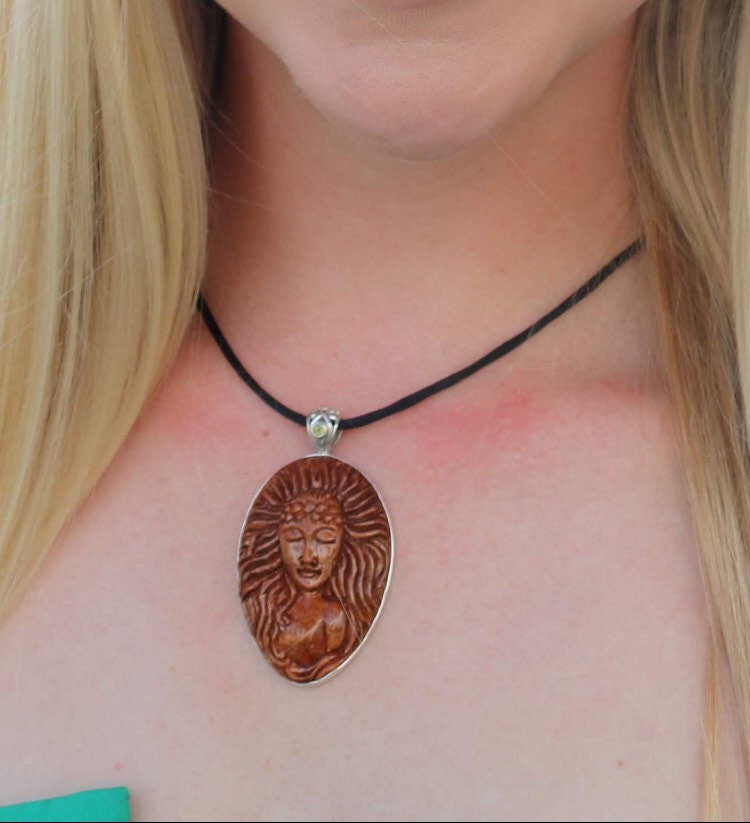 Hawaii Volcano Goddess Pele Carved Pendant Necklace | Rare Koa Wood | Peridot | Sterling Silver | Fire | Gift | Jewelry | Handmade