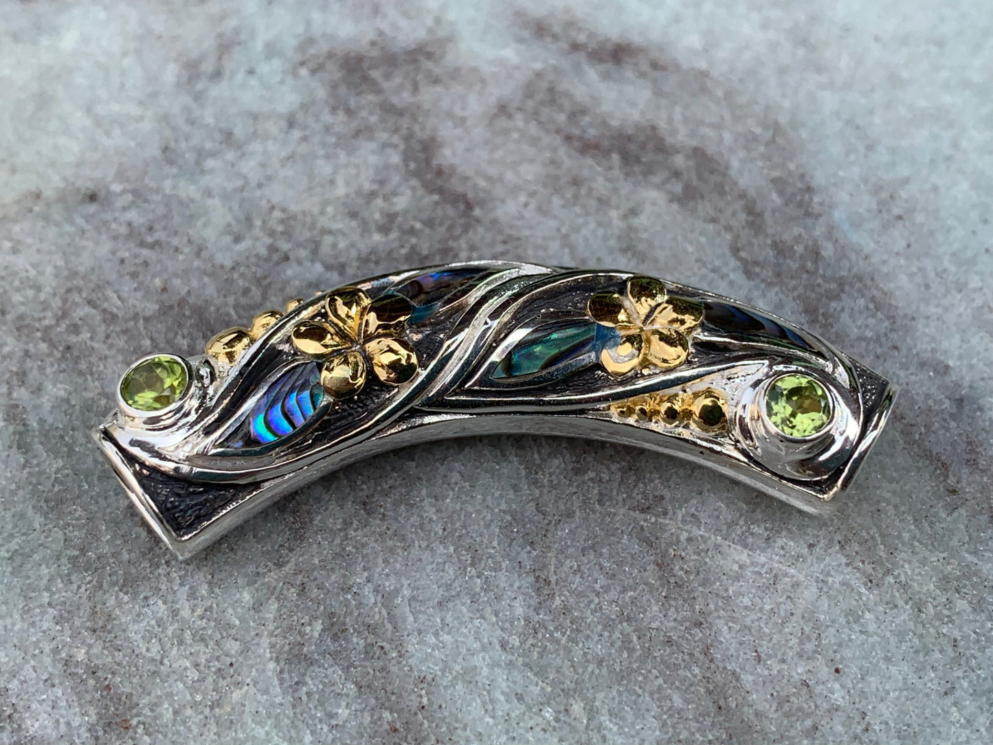 Plumeria Slider Necklace Pendant. 2 Peridot Gemstones, Abalone Shell, Sterling Silver, 18K Gold.