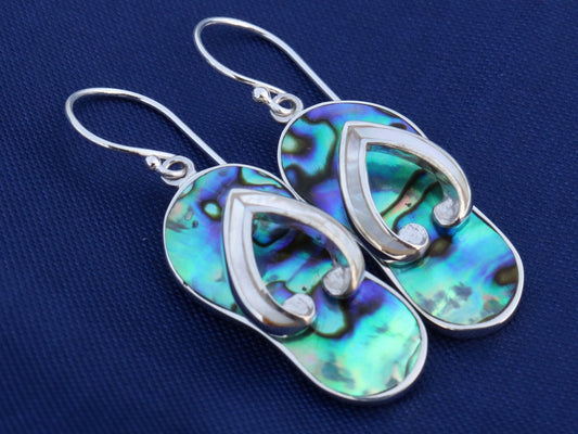 Beach Slippers Flip Flops Charm Earrings. Sterling Silver, Mother of Pearl, Abalone Shell.