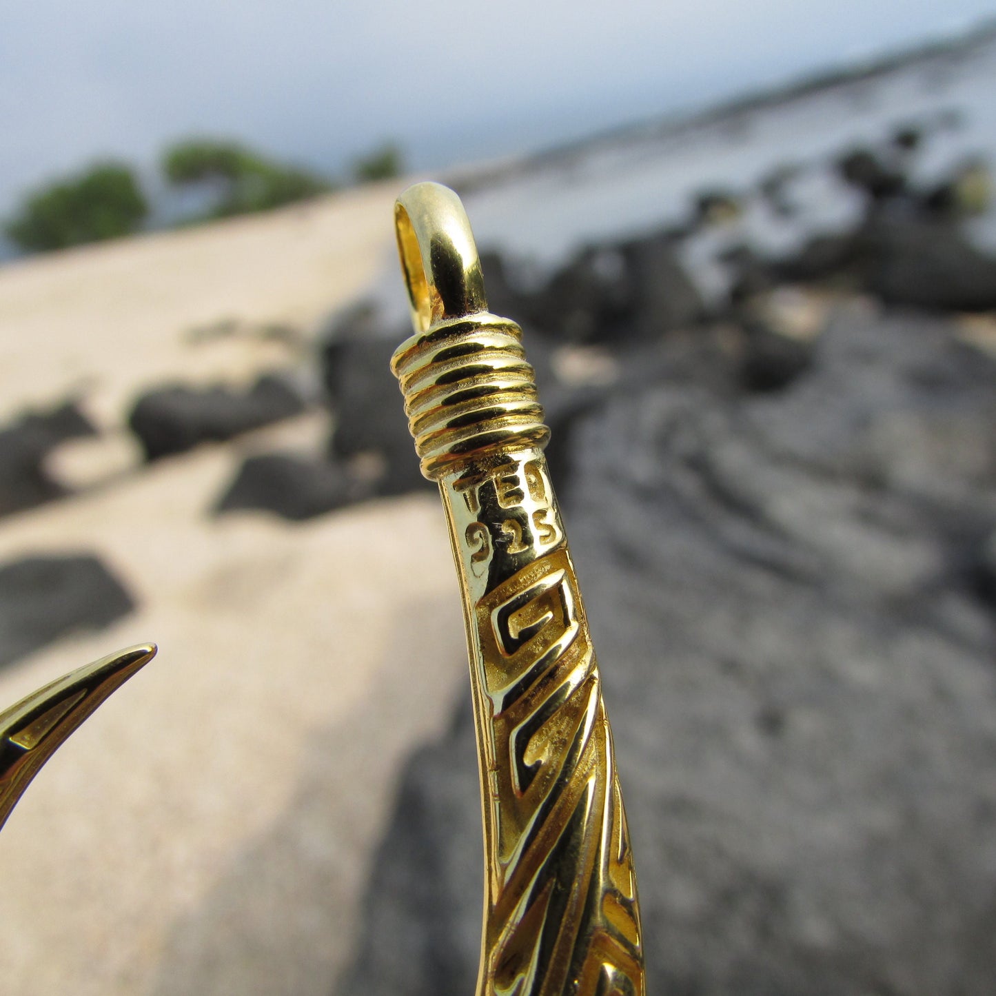 Polynesian Tribal Maui 18K Gold Vermeil Fishing Hook Necklace Pendant.