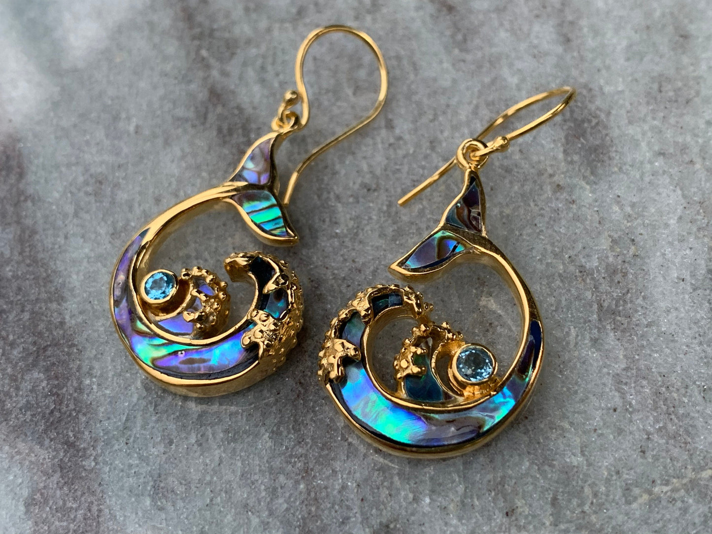Whale Tail and Wave Swiss Blue Topaz 18k Gold Vermeil Earrings