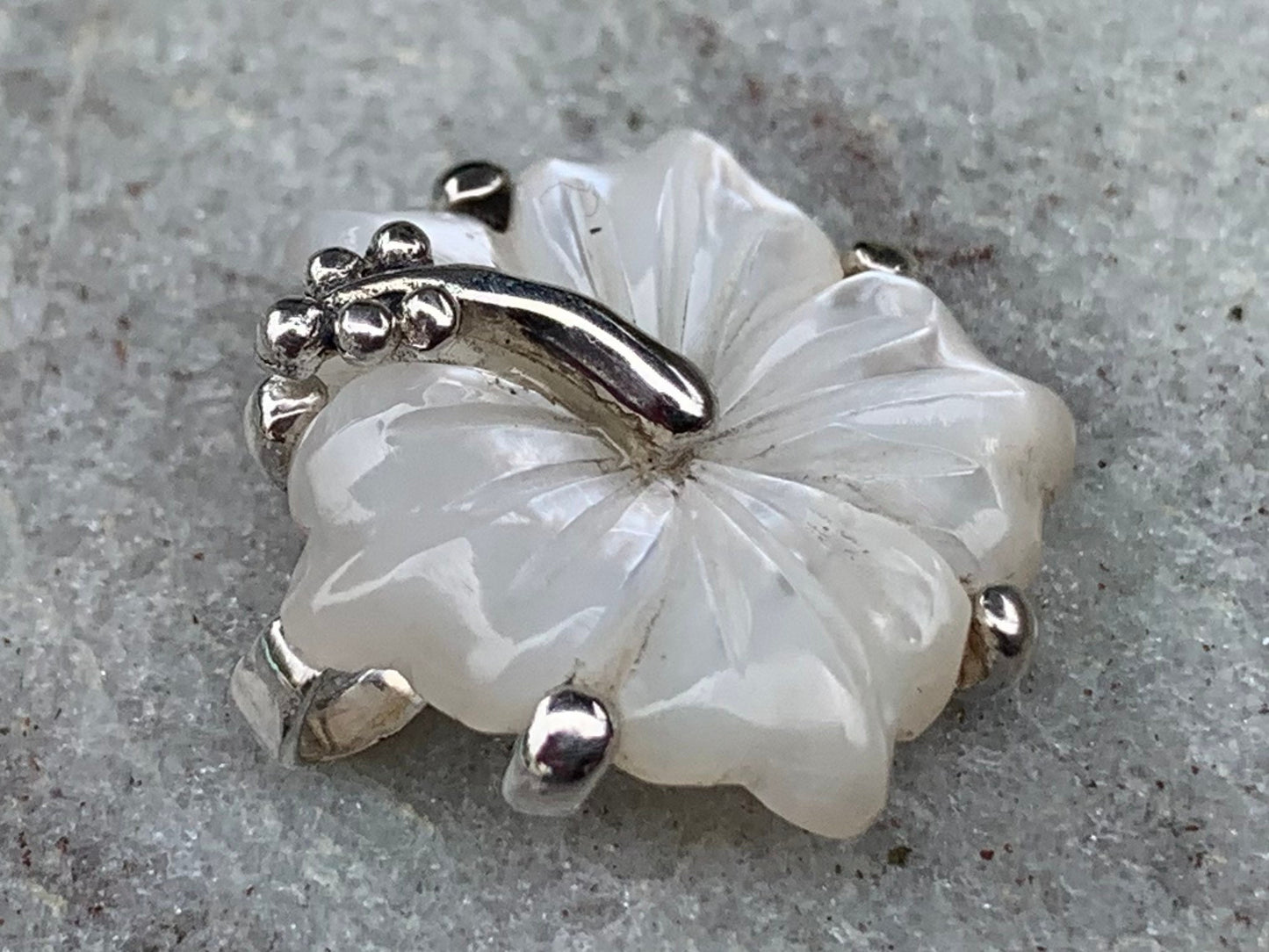 Hibiscus Flower Necklace Pendant. Hawaiian State Flower. Sterling Silver, Mother of Pearl