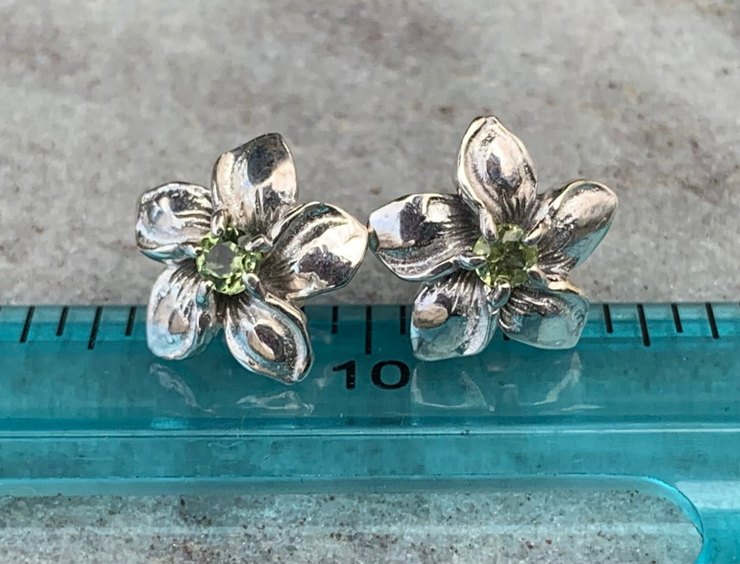 Plumeria Flower Earrings Studs. Sterling Silver. Peridot.