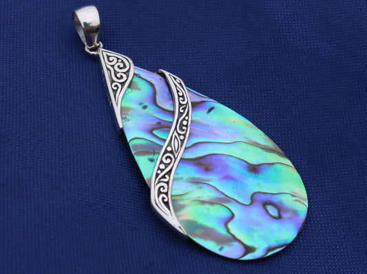 Abalone Paua Shell Teardrop Pendant Necklace Double Tribal Design. Sterling Silver.