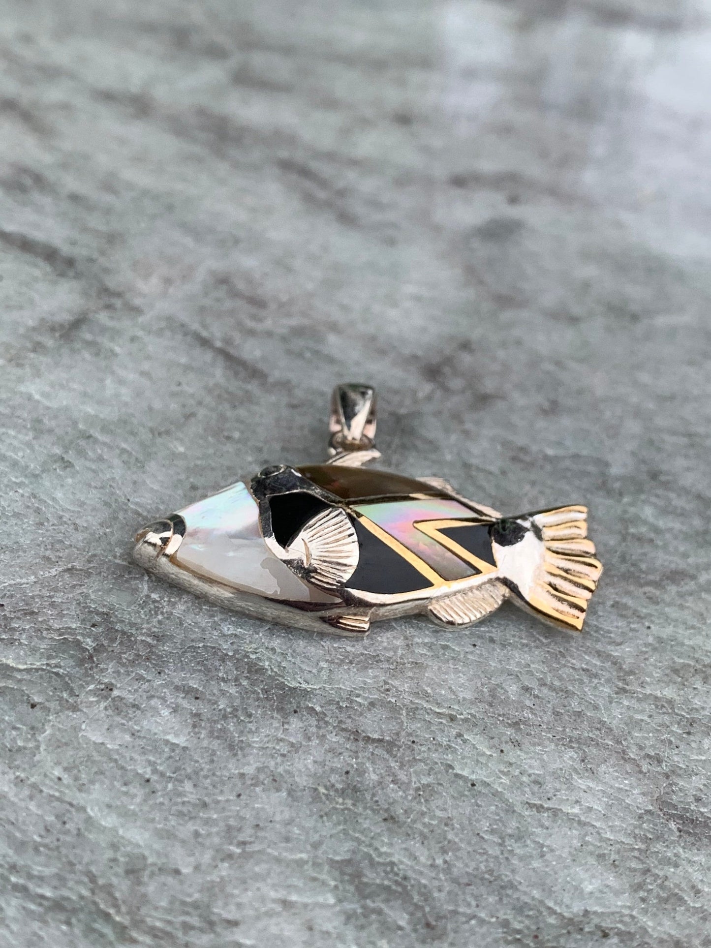 Humuhumunukunukuapua’a (Trigger Fish) Hawaiian State Fish Necklace Pendant. Silver, Mother of Pearl, Black Lip Oyster Shell.