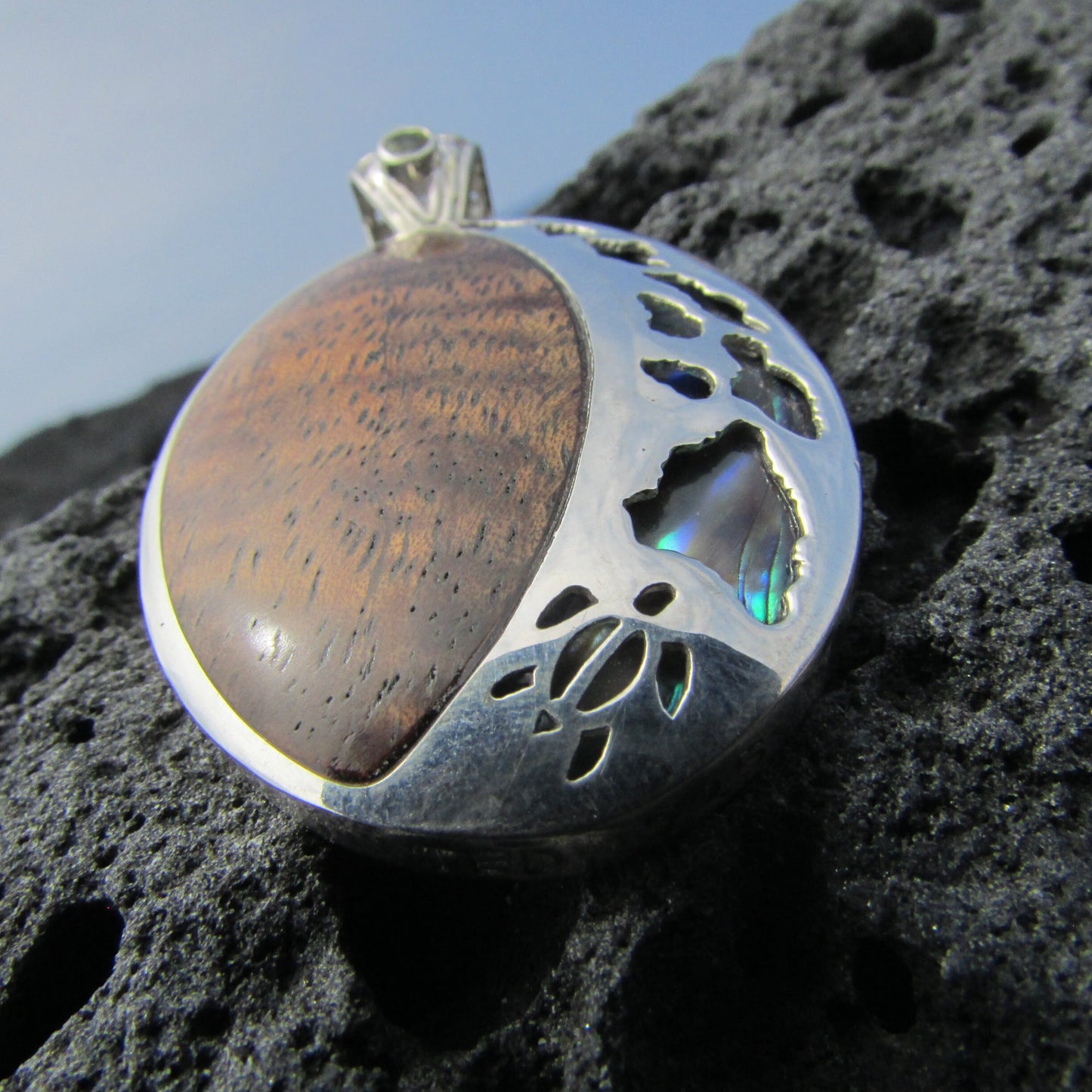 Hawaii Island Chain Turtle Pendant Necklace Large | Koa Wood | Paua Abalone Shell | Peridot | Sterling Silver | Beach | Jewelry | Handmade