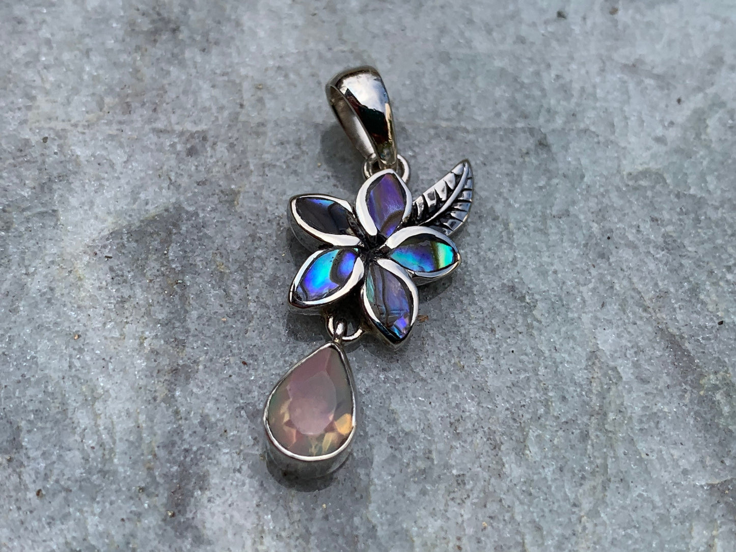 Plumeria Opal Charm Necklace Pendant. Abalone shell, Silver.
