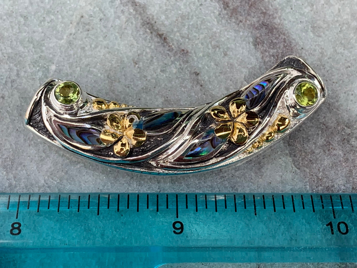 Plumeria Slider Necklace Pendant. 2 Peridot Gemstones, Abalone Shell, Sterling Silver, 18K Gold.