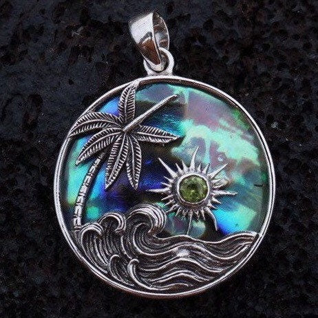 Ocean Beach Palm Tree Wave Sunset Necklace Pendant. Abalone Shell, Peridot, Sterling Silver.