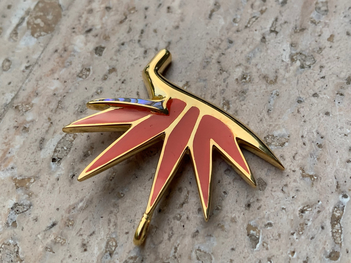 Bird of Paradise 18k Gold Vermeil Flower Necklace Pendant. Red Coral, Sterling Silver, Abalone Shell.