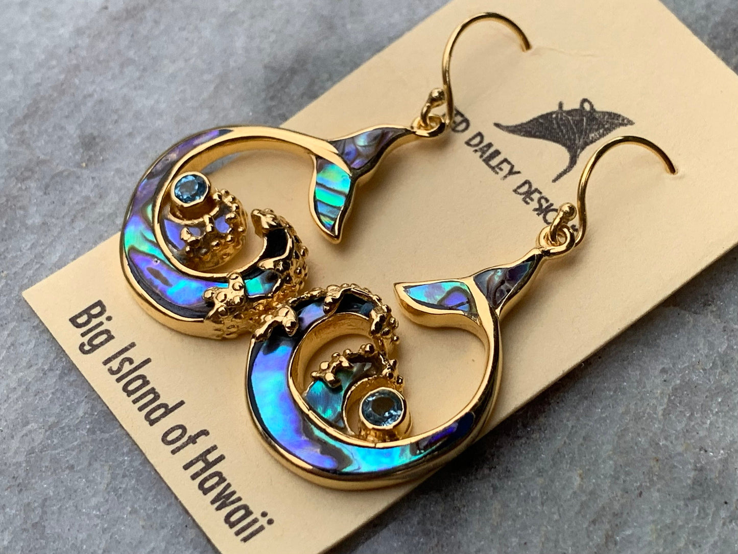 Whale Tail and Wave Swiss Blue Topaz 18k Gold Vermeil Earrings