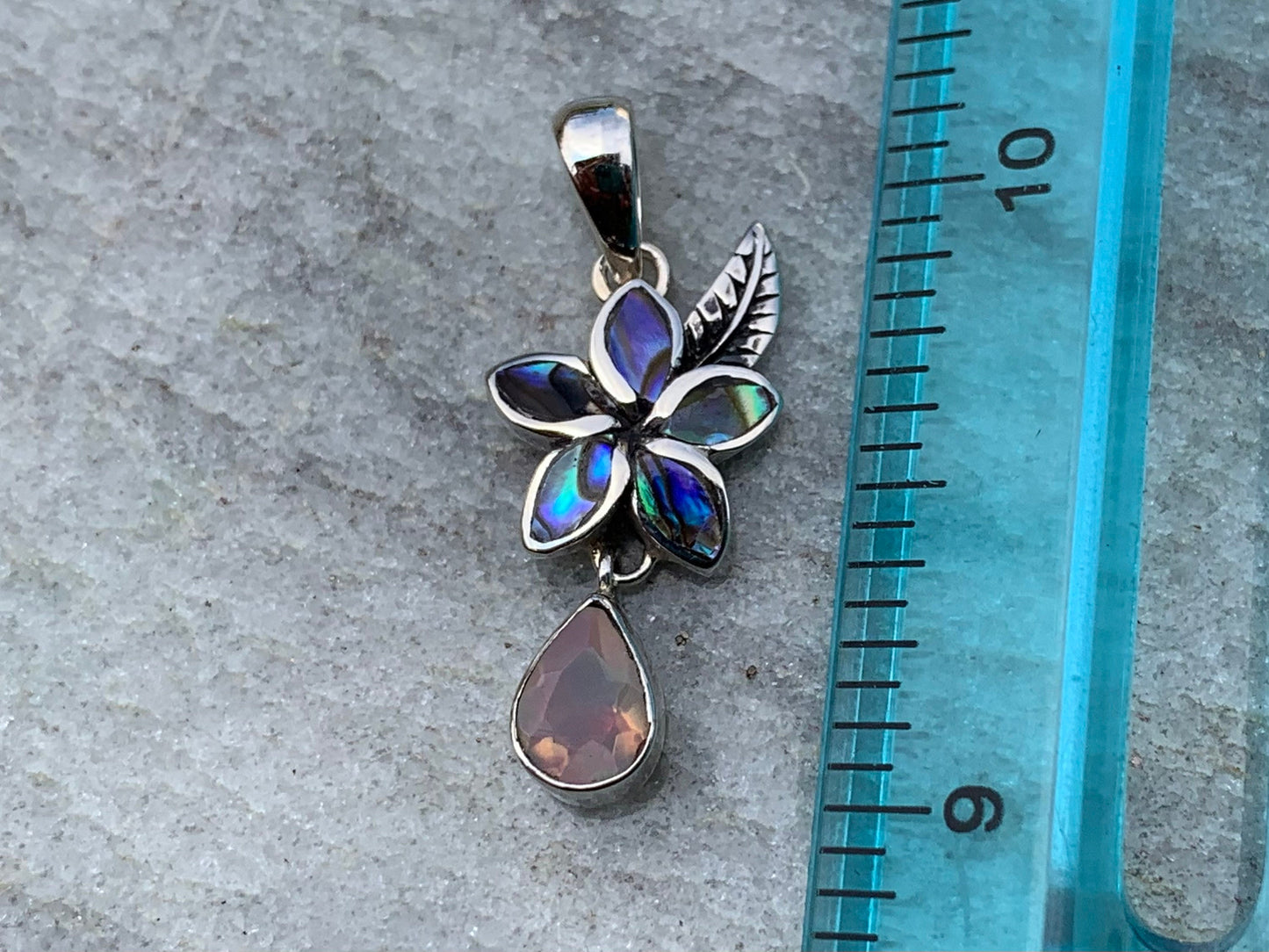 Plumeria Opal Charm Necklace Pendant. Abalone shell, Silver.