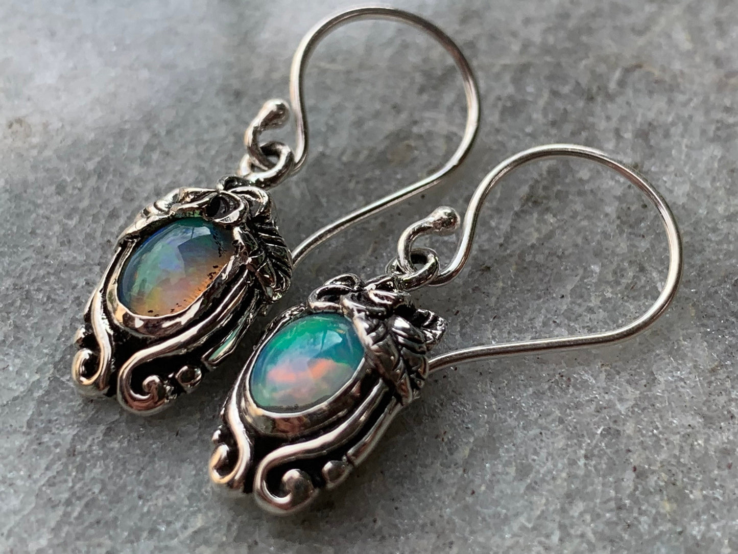 Opal Plumeria Flower Earrings. Sterling Silver.