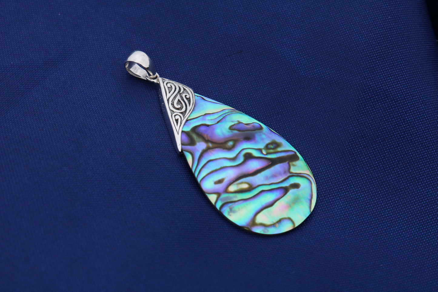 Abalone Paua Shell Teardrop Pendant Necklace. Sterling Silver.