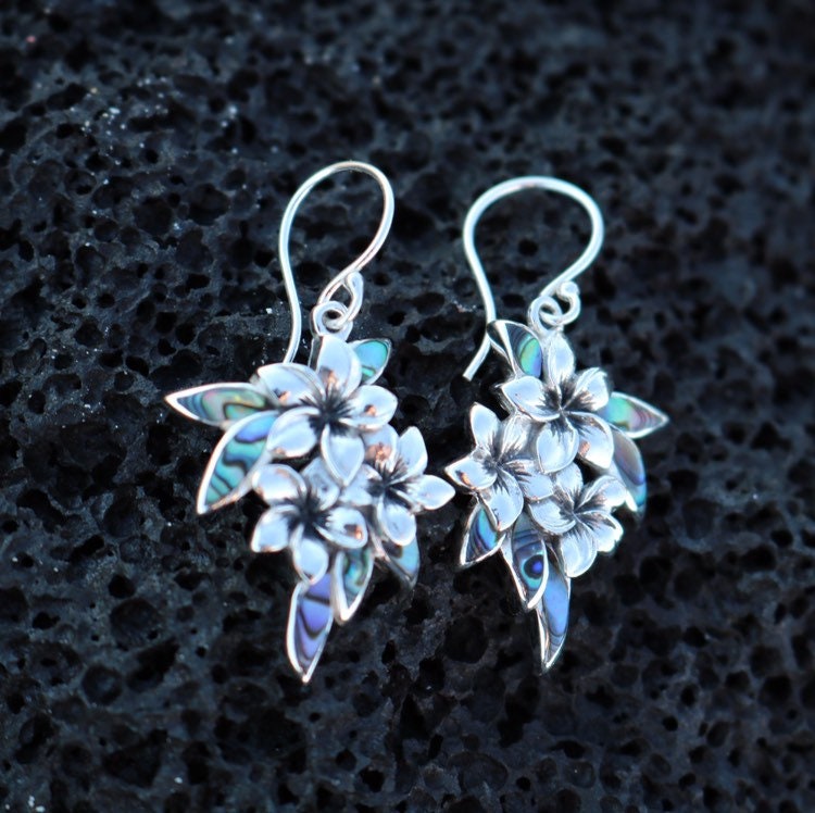 Plumeria Flowers Earrings. Abalone Paua Shell, Sterling Silver.
