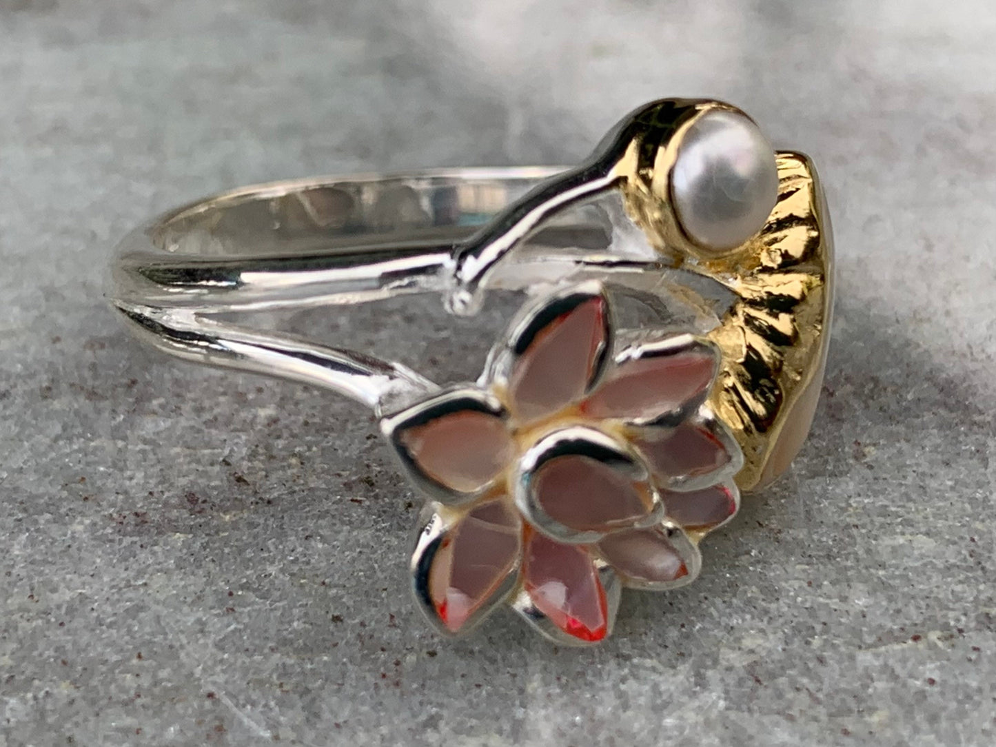 Pink Lotus Flower Ring. Sterling Silver, Pearl, Gold, Mother of Pearl.