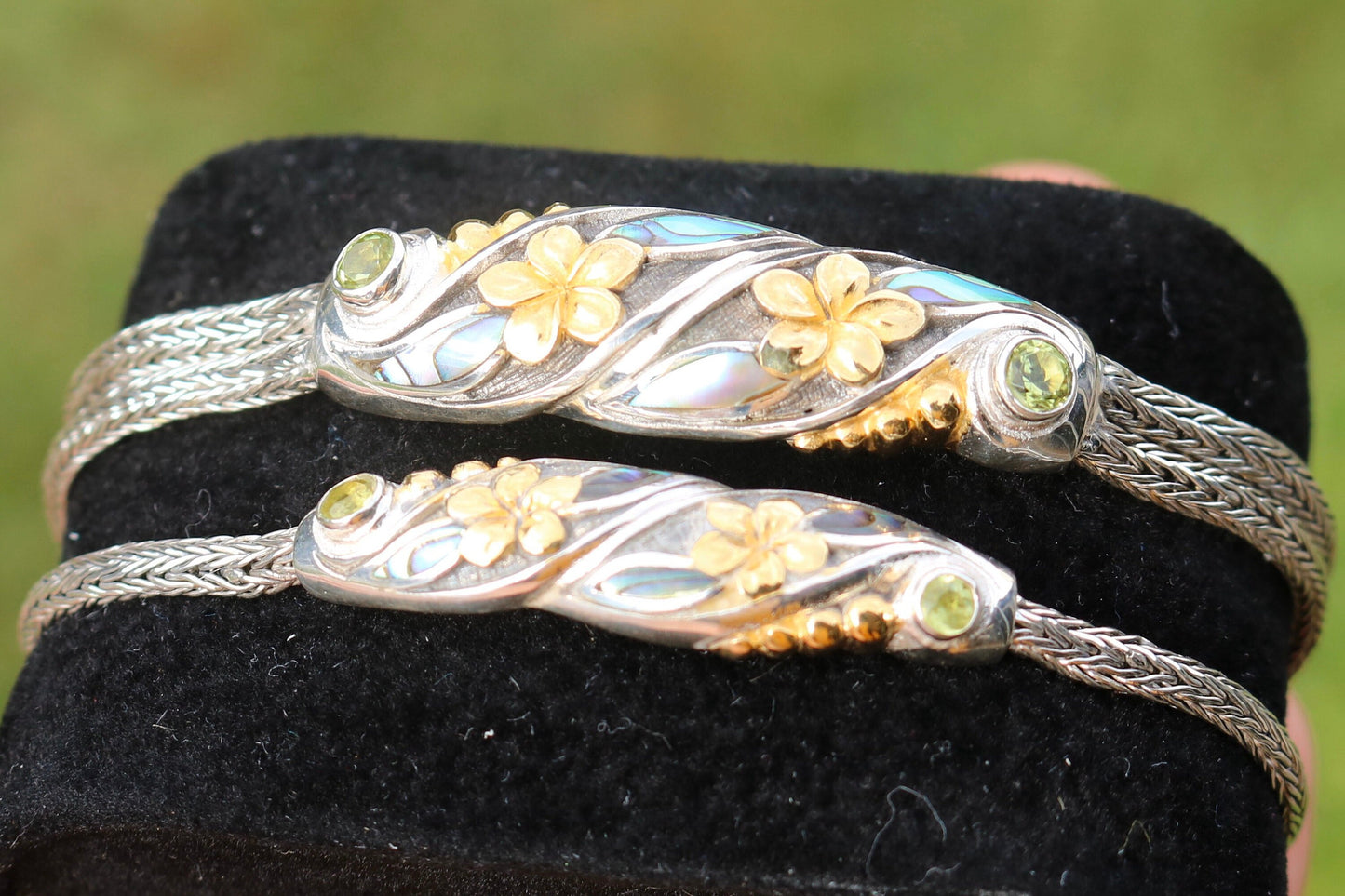 Plumeria Flower Bracelet. 18K Gold Vermeil, Abalone Shell, Peridot, Sterling Silver.