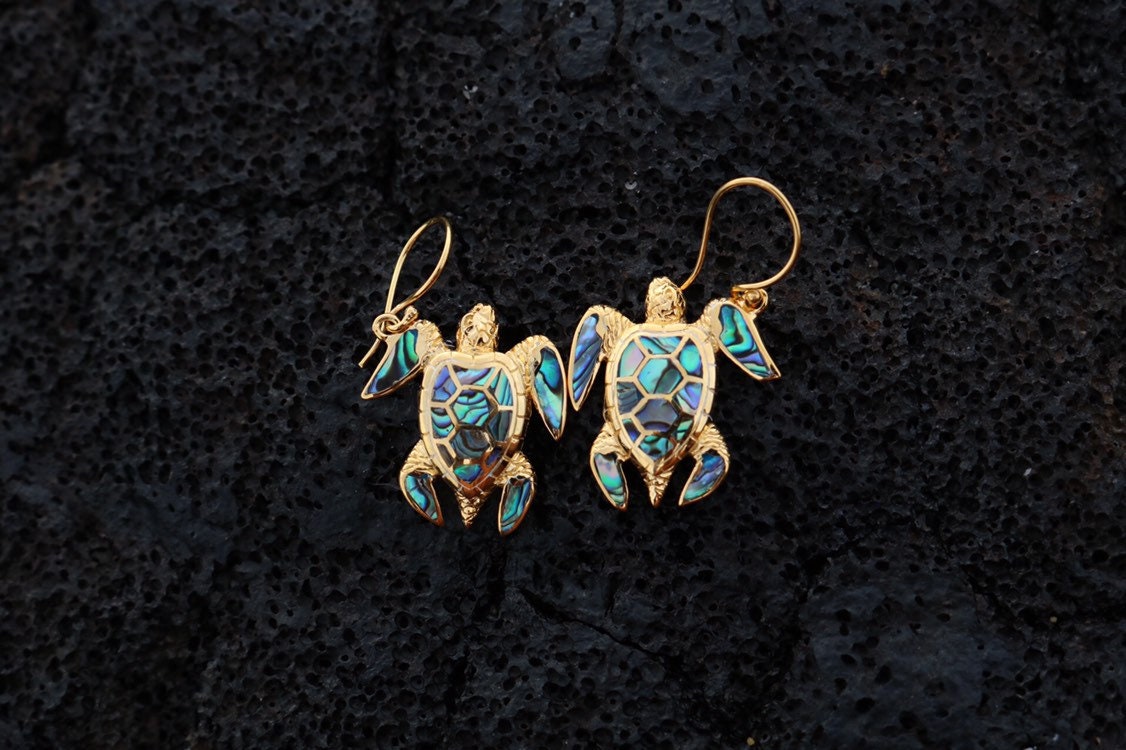 18K Gold Vermeil Green Sea Turtle Earrings. Hawaiian Honu Aumakua. Abalone Paua Shell.